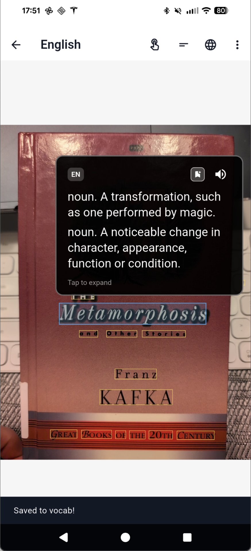 SnapVerbo showing definitions while you read a Kafka passage.